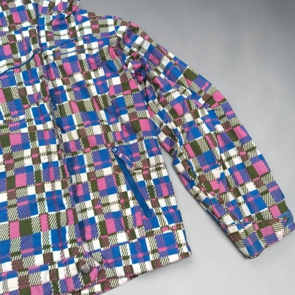Columbia Youth Girls 10/12 Waterproof Rain Jacket Hooded Pink Blue Plaid SG 7424